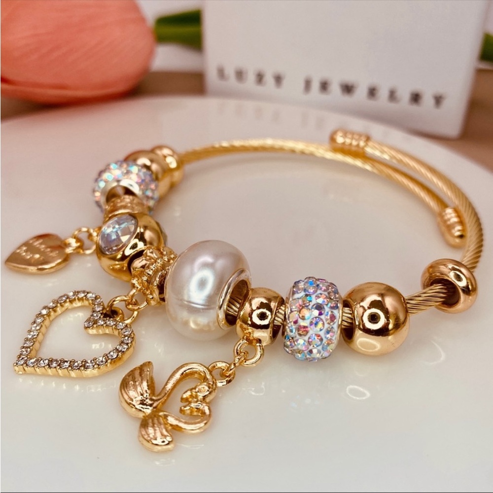 14K Gold - Stainless Steel- Hearts - Swans Charms Bracelet - Picture 2 of 4
